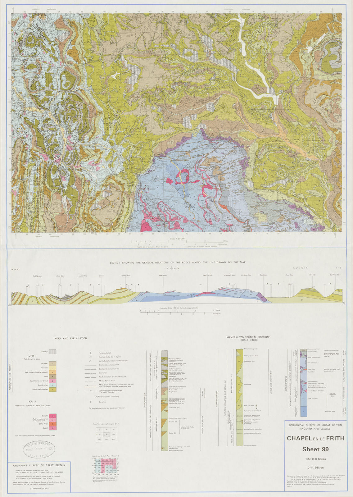 Chapel en le Frith geological survey sheet 99 Derbyshire Peak District 1977 map